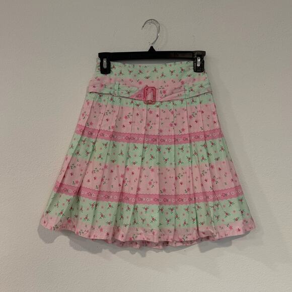 Dresses & Skirts - Vintage Pink & Green Floral Pleated Skirt with Belt Size 36